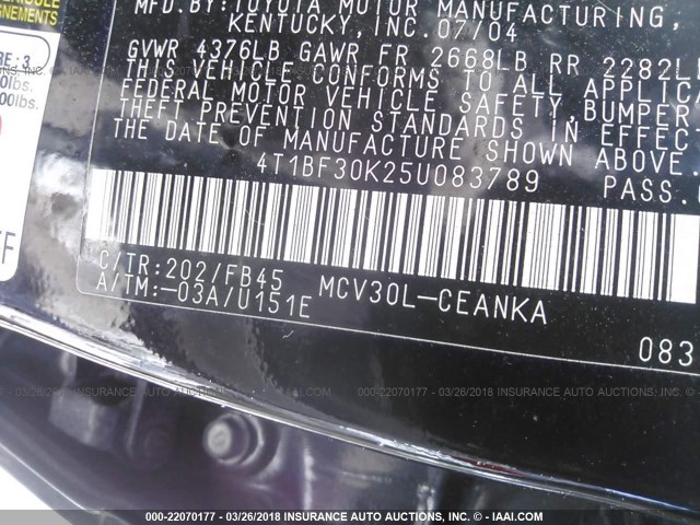 4T1BF30K25U083789 - 2005 TOYOTA CAMRY LE/XLE/SE BLACK photo 9