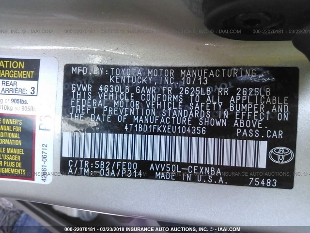 4T1BD1FKXEU104356 - 2014 TOYOTA CAMRY HYBRID/LE/XLE 银色 照片 9