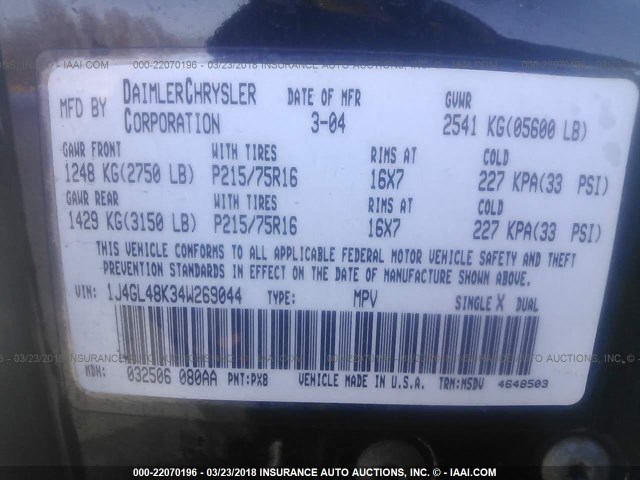 1J4GL48K34W269044 - 2004 JEEP LIBERTY SPORT 黑色 照片 9