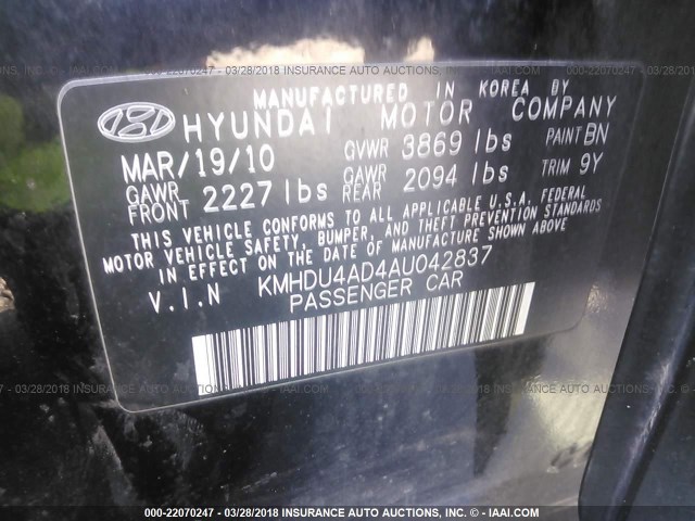 KMHDU4AD4AU042837 - 2010 HYUNDAI ELANTRA BLUE/GLS/SE BLACK photo 9