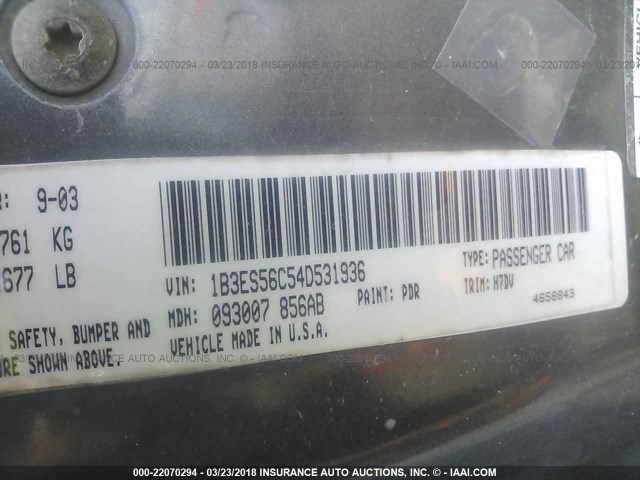 1B3ES56C54D531936 - 2004 DODGE NEON SXT GRAY photo 9