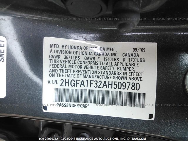 2HGFA1F32AH509780 - 2010 HONDA CIVIC VP GRAY photo 9