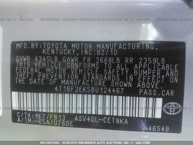 4T1BF3EK5BU124467 - 2011 TOYOTA CAMRY SE/LE/XLE Серебристый фото 9