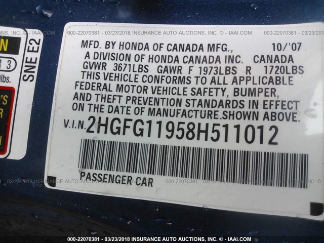 2HGFG11958H511012 - 2008 HONDA CIVIC EXL BLUE photo 9
