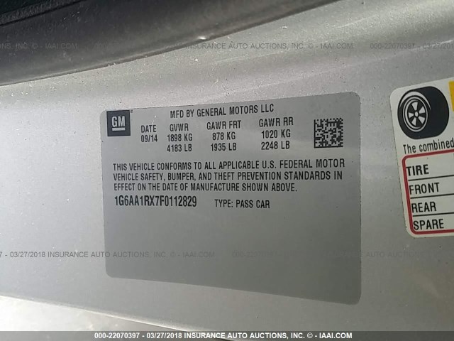 1G6AA1RX7F0112829 - 2015 CADILLAC ATS SILVER photo 9