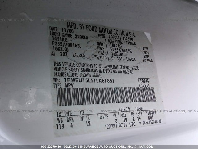 1FMEU15L51LA61861 - 2001 FORD EXPEDITION XLT Weiß Foto 9