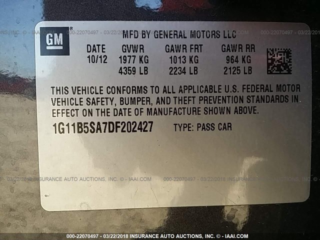 1G11B5SA7DF202427 - 2013 CHEVROLET MALIBU LS 灰色 照片 9