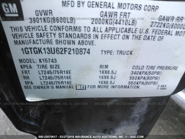 1GTGK13U62F210874 - 2002 GMC SIERRA K1500 HEAVY DUTY BLACK photo 9