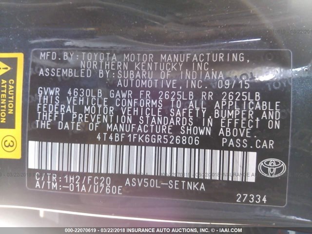 4T4BF1FK6GR526806 - 2016 TOYOTA CAMRY LE/XLE/SE/XSE BLACK photo 9