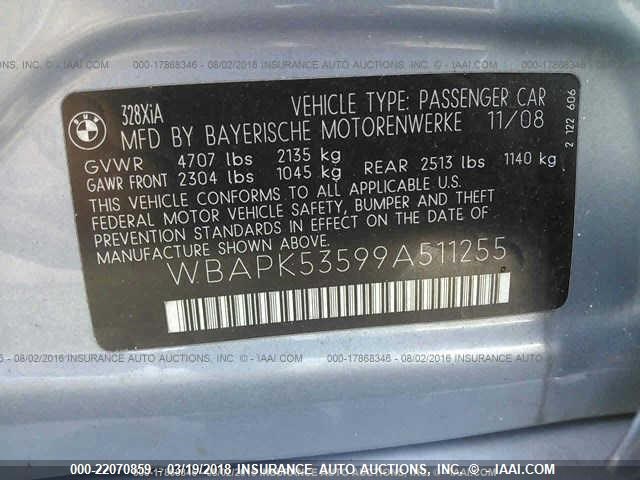 WBAPK53599A511255 - 2009 BMW 328 XI SULEV BLUE photo 9