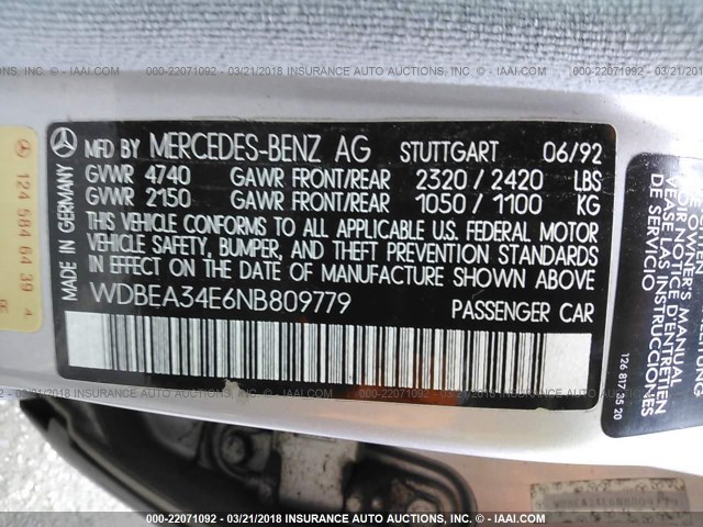 WDBEA34E6NB809779 - 1992 MERCEDES-BENZ 400 E SILVER photo 9