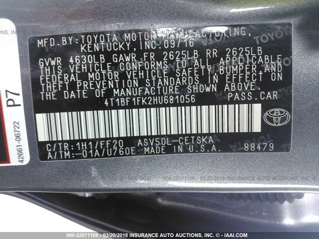 4T1BF1FK2HU681056 - 2017 TOYOTA CAMRY LE/XLE/SE/XSE GRAY photo 9