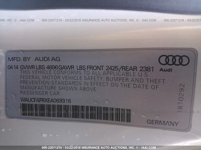 WAUCFAFRXEA069316 - 2014 AUDI A5 PREMIUM WHITE photo 9