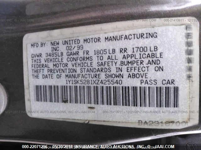 1Y1SK5281XZ425540 - 1999 CHEVROLET GEO PRIZM LSI BROWN photo 9