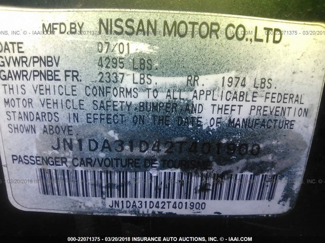 JN1DA31D42T401900 - 2002 NISSAN MAXIMA GLE/GXE/SE Dark Blue photo 9