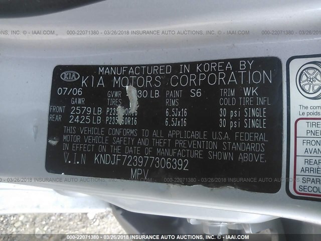 KNDJF723977306392 - 2007 KIA SPORTAGE EX/LX SILVER photo 9