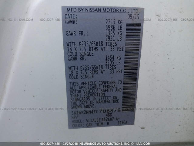 5N1AR2MN4FC708878 - 2015 NISSAN PATHFINDER S/SV/SL/PLATINUM 白色 照片 9