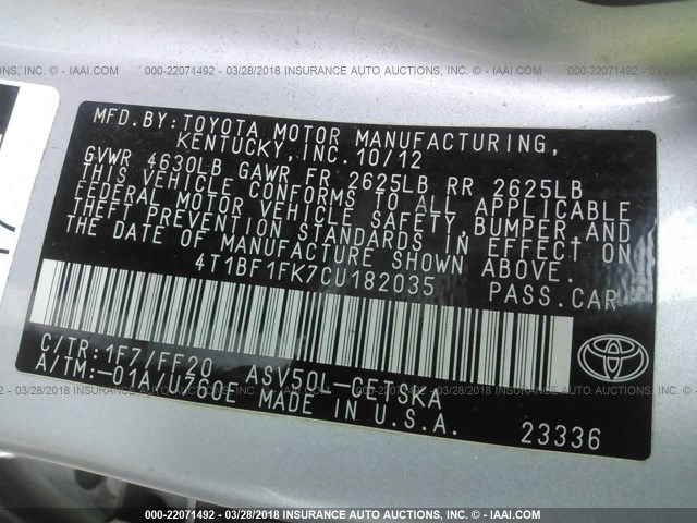 4T1BF1FK7CU182035 - 2012 TOYOTA CAMRY SE/LE/XLE SILVER photo 9