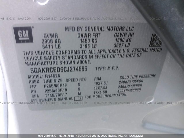 5GAKRCED6CJ274685 - 2012 BUICK ENCLAVE SILVER photo 9