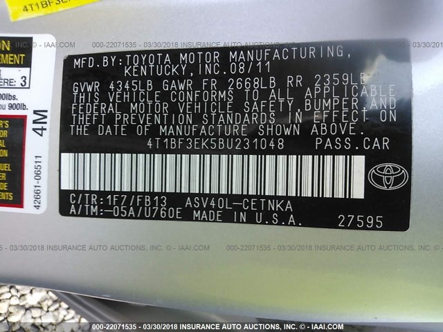 4T1BF3EK5BU231048 - 2011 TOYOTA CAMRY SE/LE/XLE Серебристый фото 9