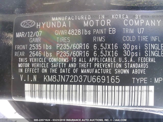 KM8JN72D37U669165 - 2007 HYUNDAI TUCSON SE/LIMITED BLACK photo 9