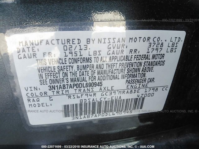 3N1AB7AP0DL690945 - 2013 NISSAN SENTRA S/SV/SR/SL Dark Blue photo 9