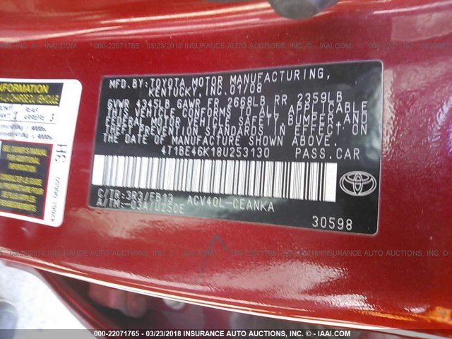 4T1BE46K18U253130 - 2008 TOYOTA CAMRY CE/LE/XLE/SE RED photo 9