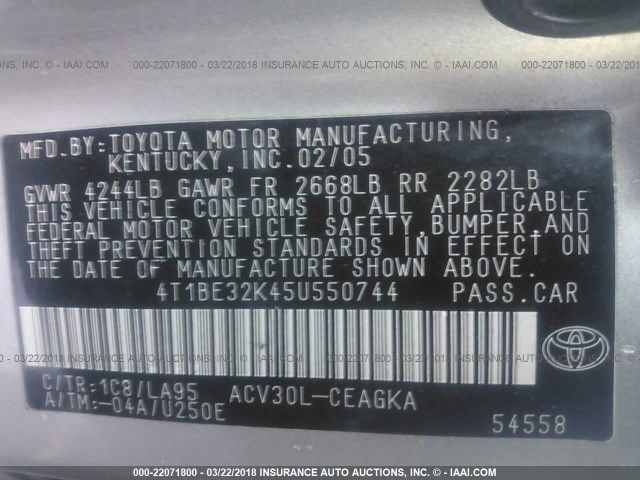 4T1BE32K45U550744 - 2005 TOYOTA CAMRY LE/XLE/SE SILVER photo 9