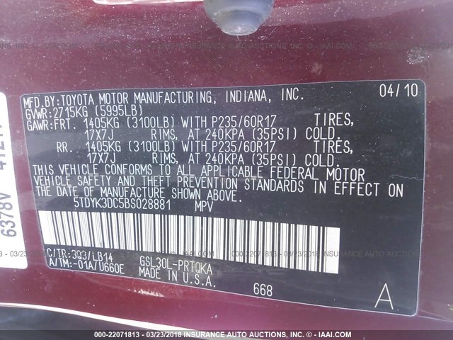 5TDYK3DC5BS028881 - 2011 TOYOTA SIENNA XLE/LIMITED MAROON photo 9