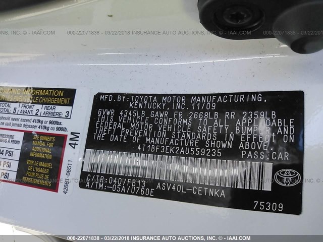 4T1BF3EK2AU559235 - 2010 TOYOTA CAMRY SE/LE/XLE WHITE photo 9