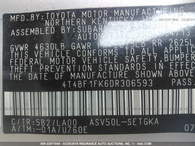 4T4BF1FK6DR306593 - 2013 TOYOTA CAMRY L/SE/LE/XLE GOLD photo 9