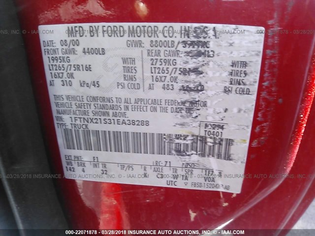 1FTNX21S31EA38288 - 2001 FORD F250 SUPER DUTY RED photo 9