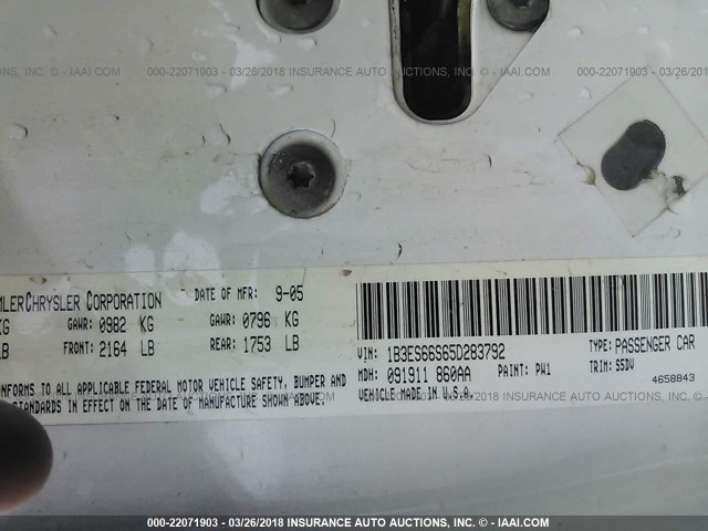 1B3ES66S65D283792 - 2005 DODGE NEON SRT-4 WHITE photo 9