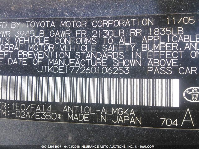 JTKDE177260106253 - 2006 TOYOTA SCION TC 灰色 照片 9