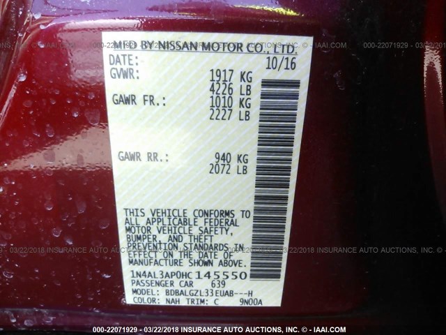 1N4AL3AP0HC145550 - 2017 NISSAN ALTIMA 2.5/S/SV/SL/SR RED photo 9