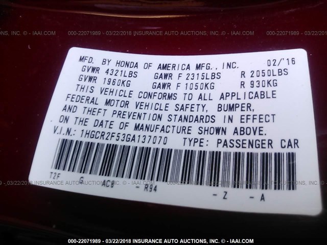 1HGCR2F53GA137070 - 2016 HONDA ACCORD SPORT 红色 照片 9