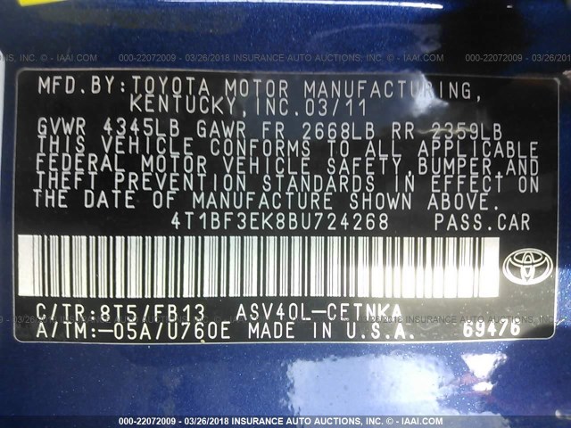 4T1BF3EK8BU724268 - 2011 TOYOTA CAMRY SE/LE/XLE Көк фото 9