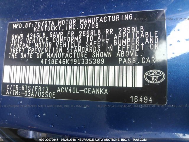 4T1BE46K19U335389 - 2009 TOYOTA CAMRY SE/LE/XLE 蓝色 照片 9