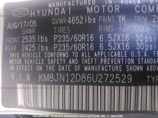 KM8JN12D86U272529 - 2006 HYUNDAI TUCSON GLS/LIMITED SILVER photo 9