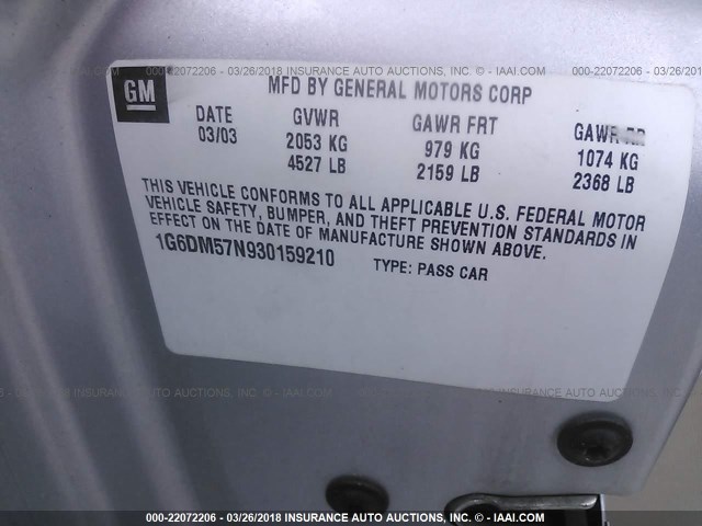 1G6DM57N930159210 - 2003 CADILLAC CTS SILVER photo 9