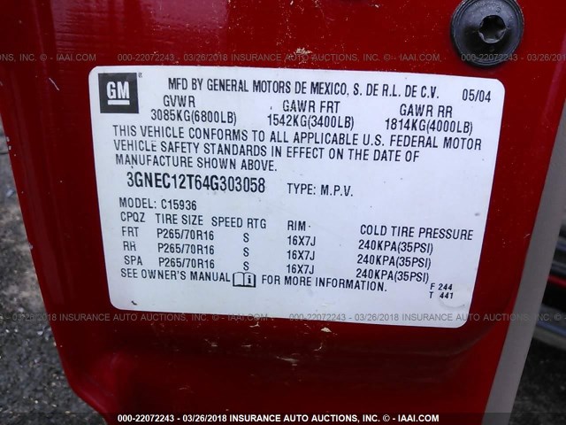 3GNEC12T64G303058 - 2004 CHEVROLET AVALANCHE C1500 RED photo 9