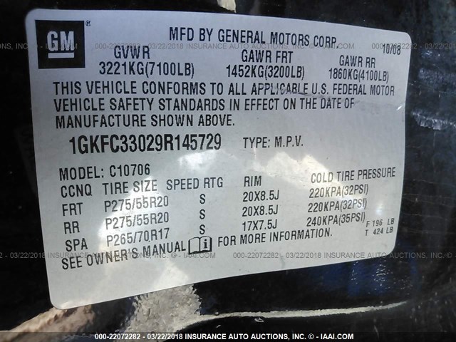 1GKFC33029R145729 - 2009 GMC YUKON SLT BLACK photo 9