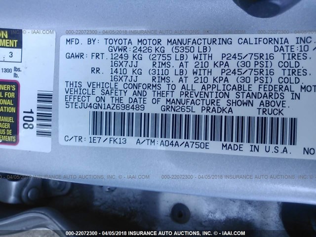 5TEJU4GN1AZ698489 - 2010 TOYOTA TACOMA DOUBLE CAB PRERUNNER SILVER photo 9