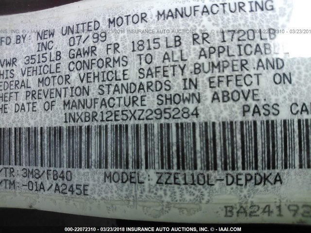 1NXBR12E5XZ295284 - 1999 TOYOTA COROLLA VE/CE/LE 栗色 照片 9