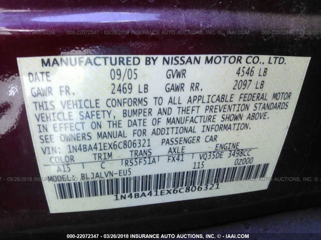 1N4BA41EX6C806321 - 2006 NISSAN MAXIMA SE/SL RED photo 9