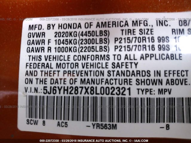 5J6YH287X8L002321 - 2008 HONDA ELEMENT EX ORANGE photo 9