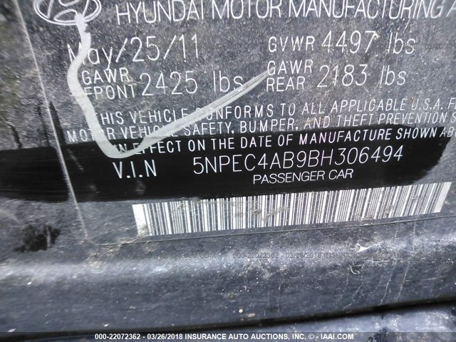 5NPEC4AB9BH306494 - 2011 HYUNDAI SONATA SE/LIMITED BLACK photo 9