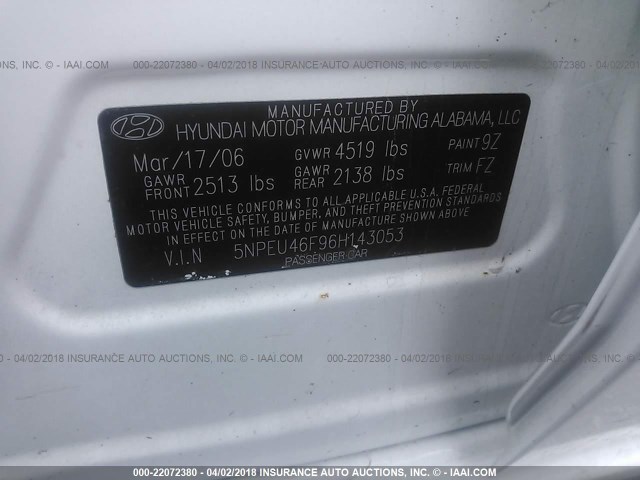 5NPEU46F96H143053 - 2006 HYUNDAI SONATA GLS/LX WHITE photo 9