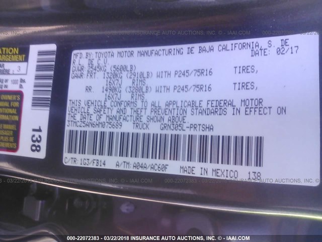 3TMCZ5AN6HM075689 - 2017 TOYOTA TACOMA DBL CAB/SR/TRDSPT/OR/PRO ნაცრისფერი ფოტო 9