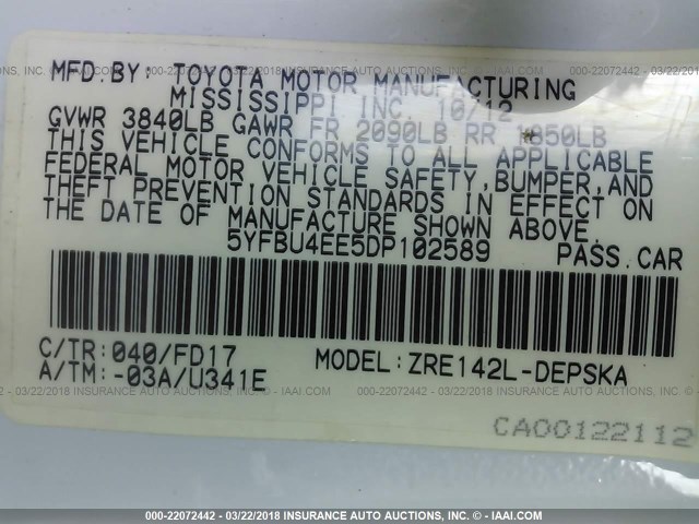 5YFBU4EE5DP102589 - 2013 TOYOTA COROLLA S/LE WHITE photo 9